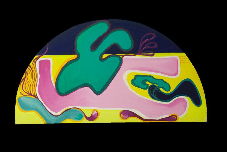 Belerefonte (2022) by Ornella Ruiz Díaz, semicircular painting in yellows, greens and pinks