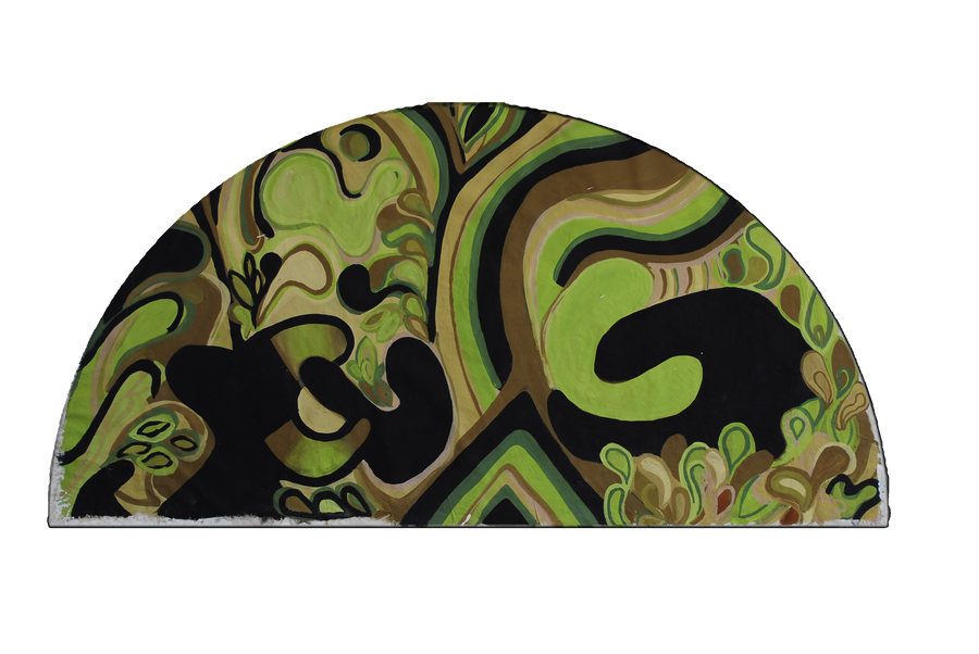 Golden Jungle (2024) by Ornella Ruiz Díaz, semicircular painting in greens and blacks