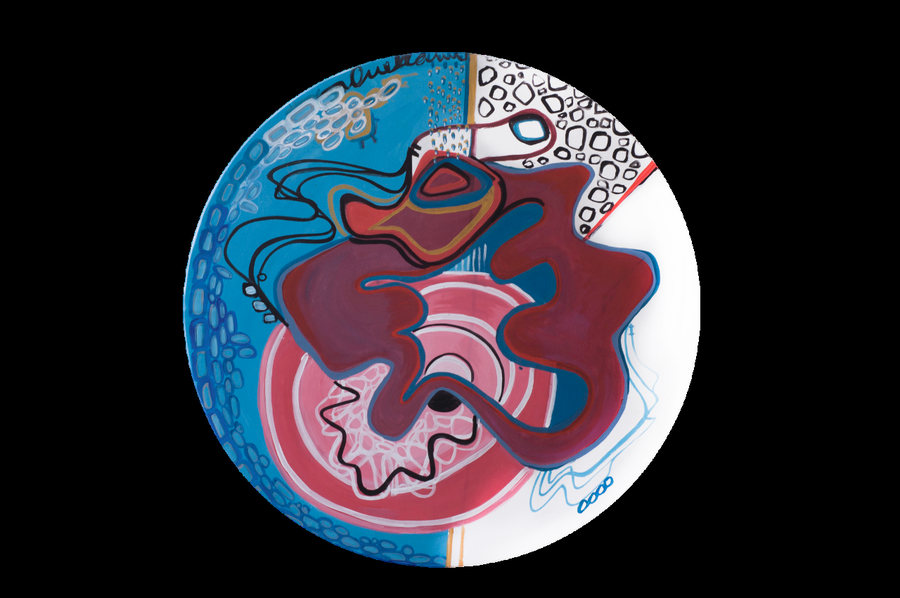 La noche está sobre nosotros (2018) by Ornella Ruiz Díaz, circular painting in blues and burgundy