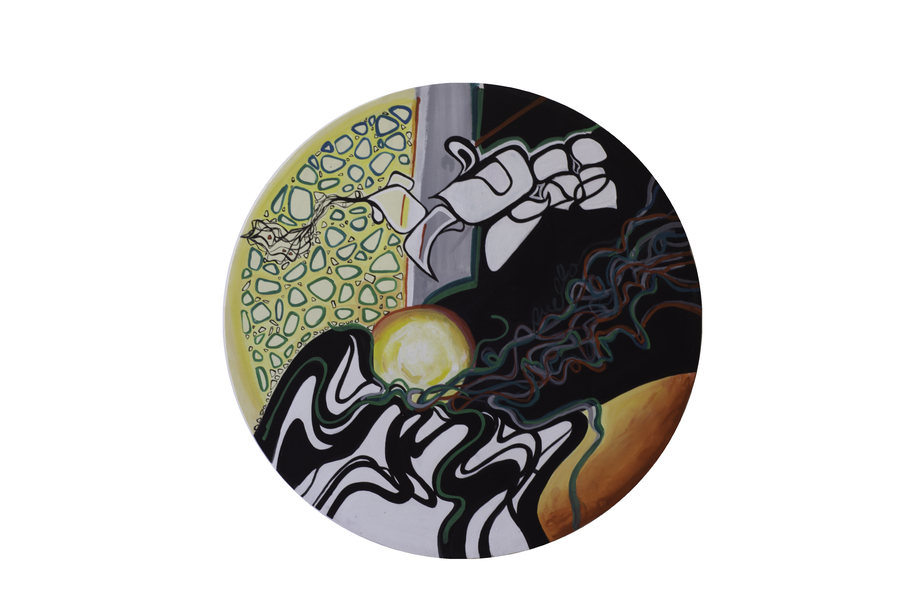 Lloré un río más (2018) by Ornella Ruiz Díaz, circular painting in greens, greys and blacks