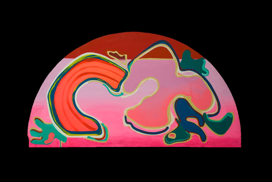 Milón de Crotona (2022) by Ornella Ruiz Díaz, semicircular painting in reds and pinks