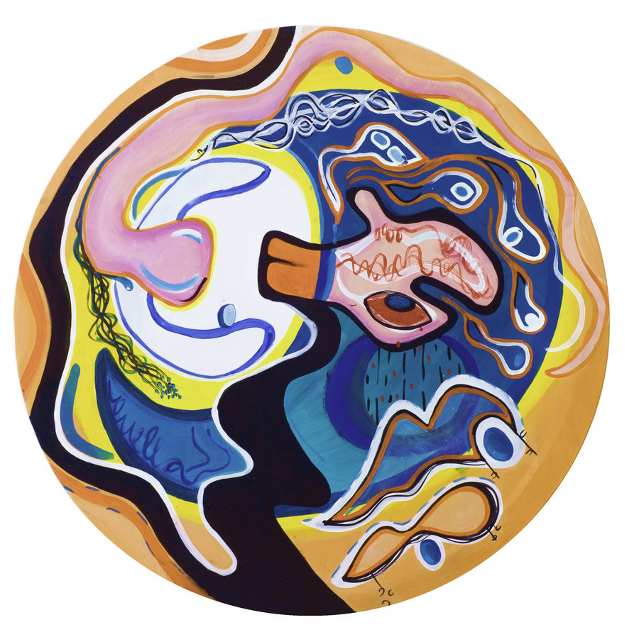 Noche en el motel (2019) by Ornella Ruiz Díaz, circular painting in blues, ochres and pinks