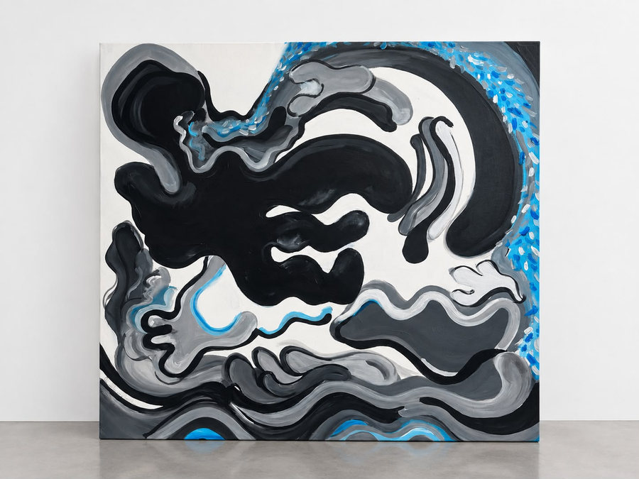 Ola de emergía al otro lado del charco (2026) by Ornella Ruiz Díaz, painting in black, white and blue, private collection in Uruguay