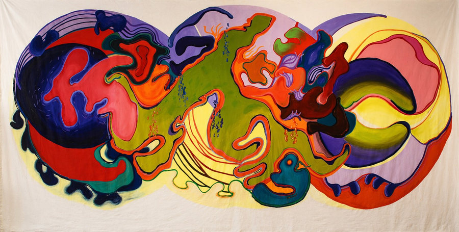 Abstract painting by Ornella Ruiz Díaz: organic colour forms on raw unstretched canvas