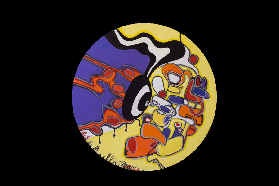 Portal para soñar con diamantes (2018) by Ornella Ruiz Díaz, circular painting in yellows and purples