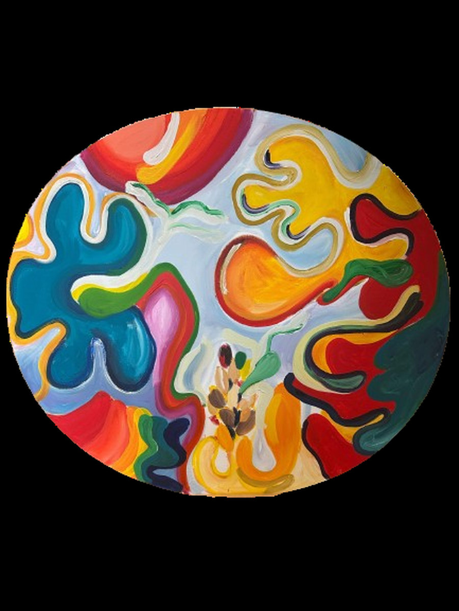 The Winning Horse (2025) by Ornella Ruiz Díaz, oval painting made live for Noor Royal Gallery in Dubai